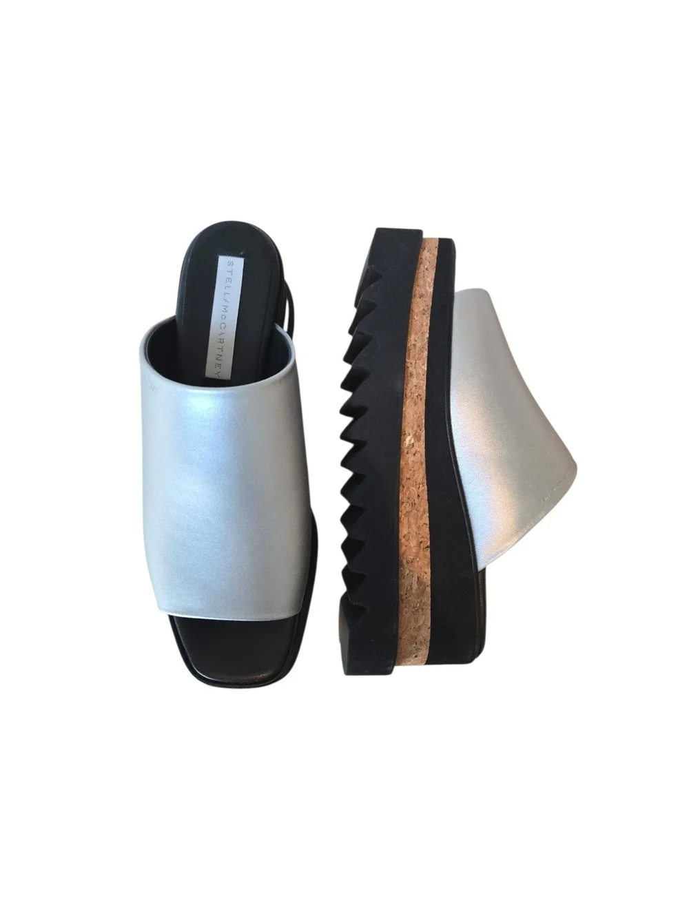 Stella McCartney Sneak-Elyse Sz 39 Metallic Silver Cork-Trim Platform Slide